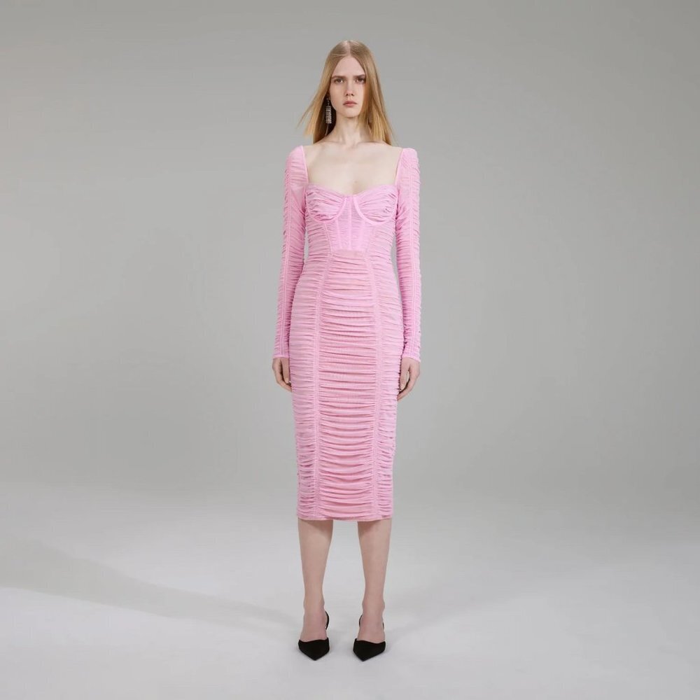 NEW! Self Portrait Pink Power Mesh Long Sleeve Midi Dress Pink